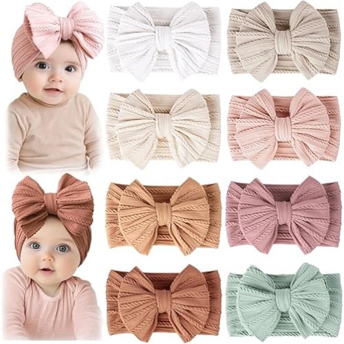 Baby Headbands-8 Pack Super Stretchy Soft Knot Headbands with Hair Bows for Newborns Infants Toddlers and Baby Girls Elastic Head Wrap for Daily Wear, Photoshoots