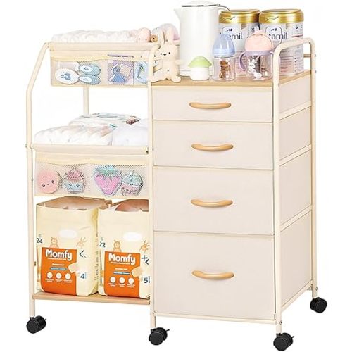 Fabuday Baby Diaper Caddy Organizer Cart - 4 Tier Rolling Diaper Cart with Wheels, Baby Essentials Organizers and Storage, Mobile Utility Carts for Bedside, Crib Nursery, Bedroom, Changing Table