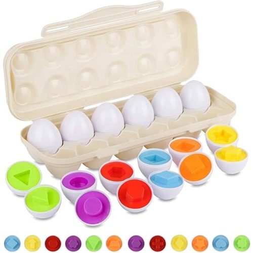 Matching Eggs Set with Beige Eggs Holder, Upgraded Toddler Egg Toys Learning Shapes and Colors Educational Puzzle Sorting Games Improve Motor Skills for Kids Easter Gift, 12 Eggs