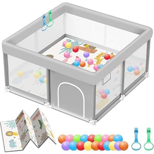 Baby Playpen with Mat 50x50 Inch, Playpen with Colorful Ball for Babies and Toddlers, Baby Play Pen Pin Indoor Play Fence (Mat and Ball Included)