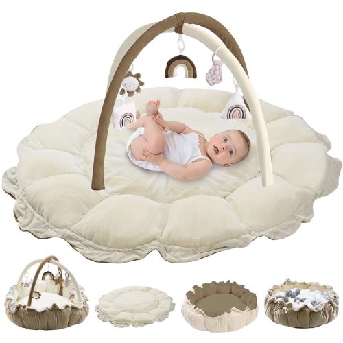 5-in-1 Convertible Baby Play Gym with 6 Toys, Tummy Time Mat for Sensory Development, Baby Activity Center from Newborn to Toddler, Ball Pit, Cat & Dog Bed, Soft Plush Pet Bed, No Ball Included Brown