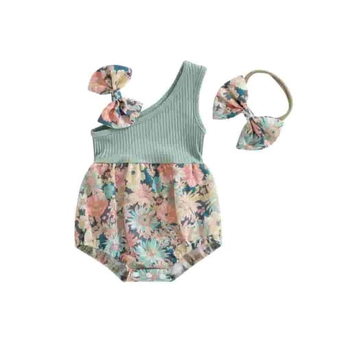 SXYPAYXS Newborn Baby Girl Summer Outfits Floral Bow One Shoulder Romper Bodysuit and Headband Set Infant Cute Clothes