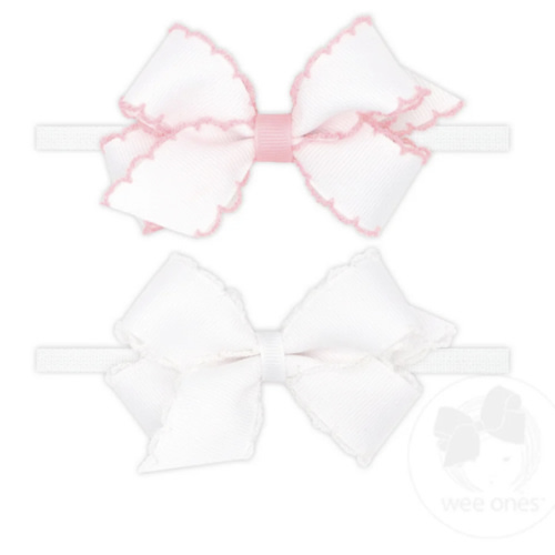 GIFT PACK! Two Mini Grosgrain Bows with Moonstitch Edge on Skinny Nylon Band - WHL/WHW | Wee Ones Hair Bows & Accessories