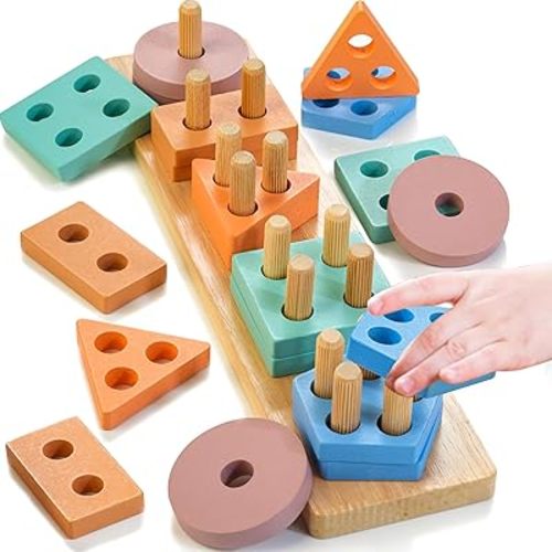 Montessori Toys for 1 2 3 Years Old, Wooden Sorting & Stacking Toys for Toddlers 1-3, Education Preschool Toddler Puzzles Toys Gift for Baby Boy & Girl