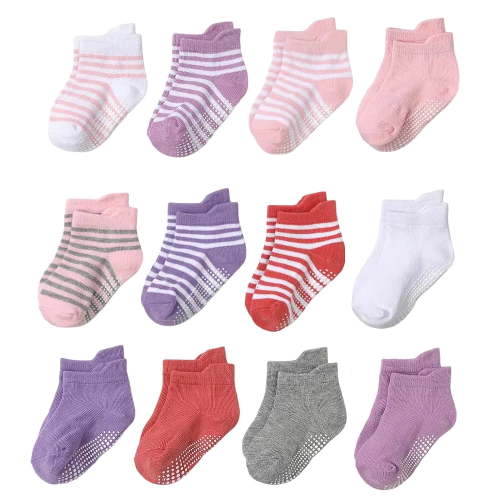 12 Pairs Toddler Non Slip Socks Cotton Ankle Socks with Grips for 0-5 Years Toddlers Baby Infant Kids Girls Boys