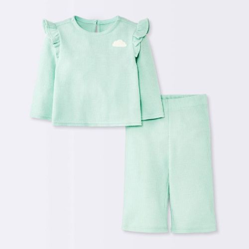 Baby Girls' 2pc Cloud Flutter Waffle Sweatshirt and Pull-On Pants Set - Cloud Island™ Green 6-9M