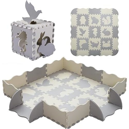 Foam Play Mat for Kids,25Pcs Square Interlocking Puzzle Floor Mat,Baby Play Mat Floor Mat Foam Puzzle Playmat for Toddlers with Fence(Animal-CSH039