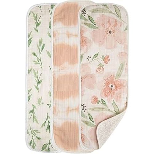 Crane Baby Muslin Baby Burp Cloths, Lightweight Absorbent Burp Cloth, Pink Floral, Set of 3, 7” x 20”, Newborn Baby Essentials, Burp Cloths Baby Boy, Burp Cloths Baby Girl, Baby Newborn Essentials