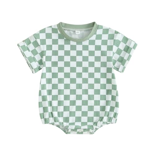 Karuedoo Newborn Baby Boy Girl Clothes Checkered T-Shirt Bubble Romper Oversized Short Sleeve Onesie One-Piece Summer Outfit