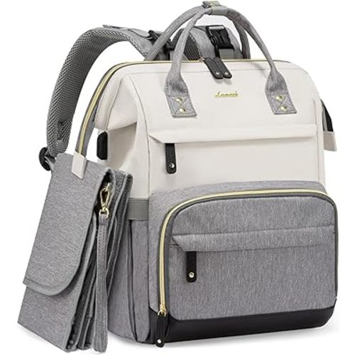LOVEVOOK Diaper Bag Backpack, Baby Bag with Changing Station, Large Diaper Backpack for Moms Dads, Waterproof Leather Accents Baby Boy and Girl Bag for Travel Baby Essentials, Grey-Beige
