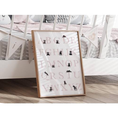 BLACK LABRADOR with pink bows Alphabet Poster | Puppy ABC poster. Black Lab alphabet print. Educational poster puppy nursery decor Printable