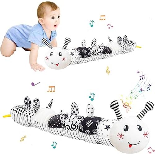 Infant Baby Musical Caterpillar Stuffed Animal Toy-Black White Design/Caterpillar Plush Toys,Multi-Sensory Textures,Crinkle,with Ruler and Ring Bel,Educational Development Newborn Tummy Time Toys,