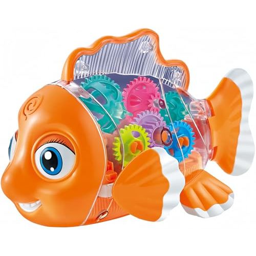 Nenekal Transparent Electric Gear Gold Fish Toddler Toys with Music & Lights. Bump and Go Technology. Perfect for Babies Tummy Time, Educational STEM Gear Toys for Boys Girls 3+