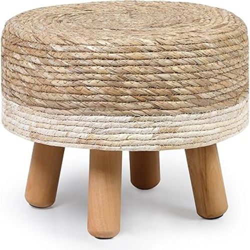 H&B Luxuries Ottoman, Natural Seagrass Footrest, Pouf Hand Weave Round Foot Stool for Couch, Desk, Soft Step Stool Padded Foot Rest with Pine Legs for Living Room, Bedroom