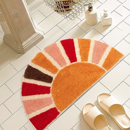 Boho Bathroom Rugs Half Circle Bath Mat Cute Bohemian Bath Rug for Bedroom Small Carpet Home Decor Non-Slip Semi Round Shower Rug Funny Washable Indoor Floor Door Mat Sun Retro 16x30inch