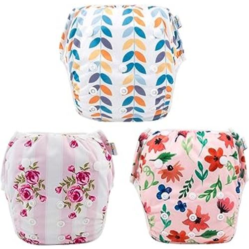 Babygoal Baby Girl Swim Diapers 3 Pack for 0-8 Months Infant, Reusable Adjustable Washable for Swimming Lessons-Leaves,Flowers