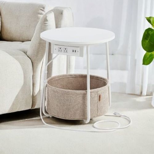 Vasagle Side Table With Charging Station, Round End Table With Fabric Basket, Nightstand With Power Outlets Usb Ports Matte White And Camel Brown