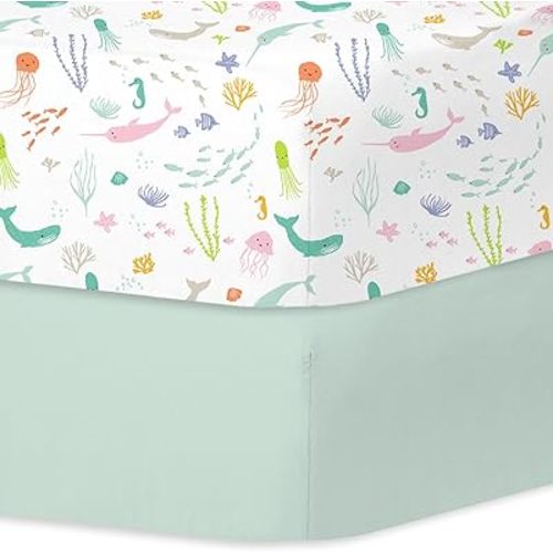 Little Grape Land Crib Sheets 2 Pack, Microfiber Fitted Crib Sheet for Standard Crib Mattress 52"x28"x8", Soft and Neutral Baby Crib Sheets for Boys and Girls, Breathable & Easy Care, Pastel Ocean
