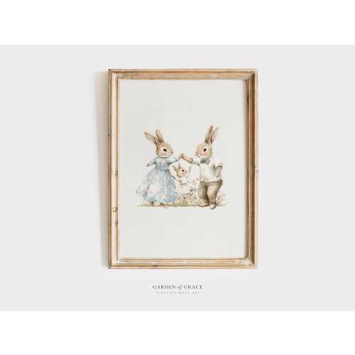 Mom, Dad and Baby Rabbit Nursery Wall Art Print | Neutral Kid's Room Decor  | Antique Family Poster | Printable Vintage Bunny Illustration