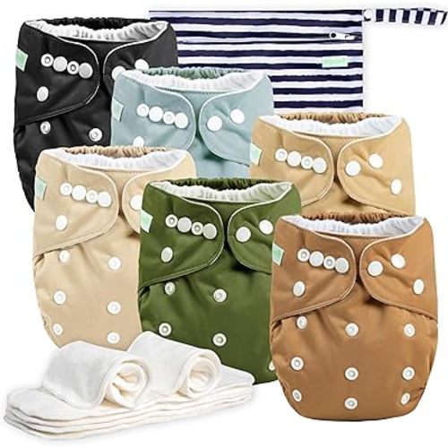 Wegreeco Warm Color Cloth Diapers 6 Pack with 6 Inserts & 1 Wet Bag, Washable Reusable Diapers for Babies, One Size Adjustable