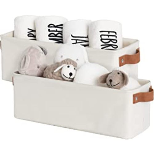 StorageWorks Narrow Storage Bins, Small baskets for Organizing, Long Storage Basket with Handles, Fabric Storage Bins for Shelf, Beige, 2-Pack