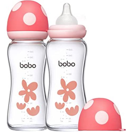 YOHKOH Natural Glass Baby Bottle with Natural Response Nipple, Newborn Anti-Colic Baby Bottles, Wide Neck Mushroom Cap Baby Bottle, Clear (8.8oz (Pack of 2), Red-A)