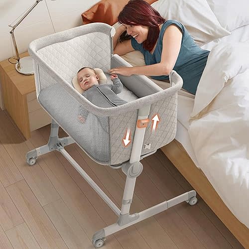 Baby Bassinets, 9 Height Adjustable Bedside Bassinet for Baby, Bedside Sleeper Bassinet with Breathable Mesh and Lockable Wheels, Easy to Assemble Newborn Bassinet