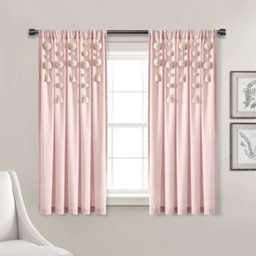 84"x52" Boho Pom Pom Tassel Linen Window Curtain Panels Blush - Lush Décor: Light Filtering, Microfiber, Rod Pocket