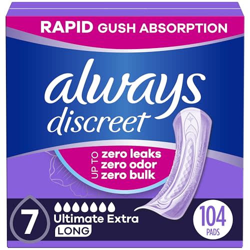 Always Discreet Adult Incontinence Pads for Women, Ultimate Extra Absorbency, Long Length, Postpartum Pads, 104 Count (Packaging May Vary)