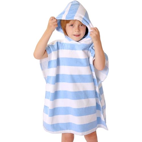 Toddler Bath Towel Poncho Thick Cotton Striped Beach Towels for Kids Gifts (2-6, Blue)