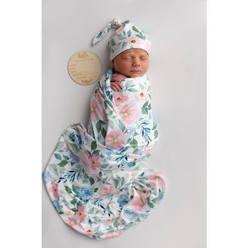 Newborn Floral Print Blanket Baby Stretch Wrap Swaddle Blanket Receiving Blanket with Matching Headband and Beanie (Green and Pink)