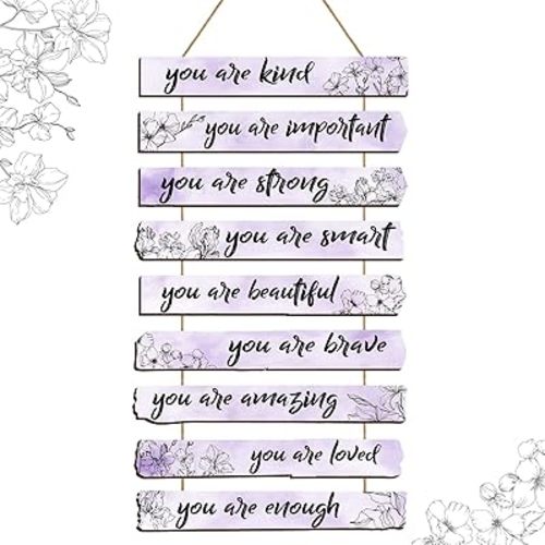 One Set of 9 Pieces Inspirational Floral Wall Decors You Are Amazing Beautiful Loved Quotes Sign Wall Art Decors Wooden Hanging Wall Art Positive Home Decors for Girls Women Bedroom (Light Purple)