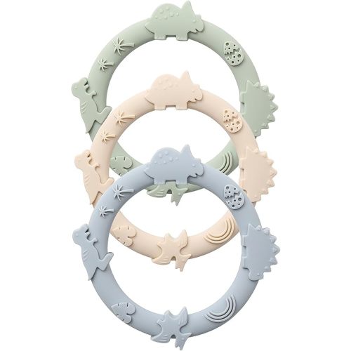 YIVEKO Silicone Teethers for Babies 0-6 6-12 Months Teething Toys for Infants Baby Chew Toys for Sucking Needs Baby Teething Rings for Infant Boys and Girls 3 Pack-Dinosaur-Blue