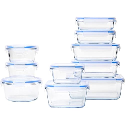 Amazon Basics 20-Piece Glass Food Storage Containers, 10 Count of Bases and Plastic Lids, Transparent, Blue