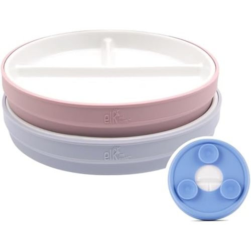 Elk and Friends Kids 6.7” Porcelain Divided Plates with Silicone Suction Sleeves | Suitable for Babies/Kids/Toddlers | Microwave & Dishwasher Safe | Non Slip | Snack Dishes