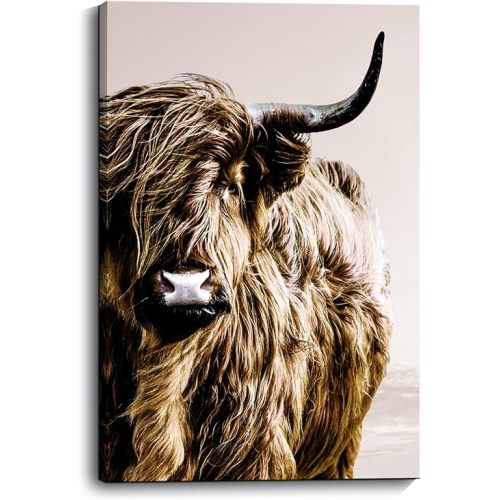 ZNZ Highland Cow Wall Art Country Farmhouse Wall Decor Strong Confident Yak Canvas Prints with Long Horns Animal Wall Art Fluffy Cattle Pictures Used in Bedroom Bathroom Office Fireplace Kitchen