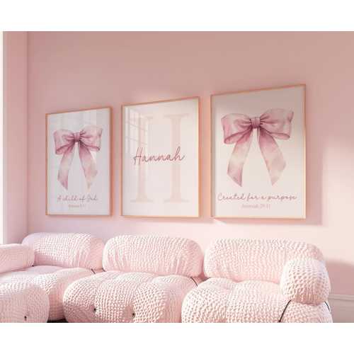 Coquette Bow Bible Verse Wall Art, Pink Bow Wall Art, Bible Verse Bow, Pink Christian Wall Art Nursery Set of 3 Prints 422M