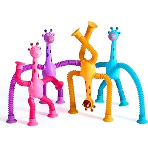 JOYIN 4 Pcs Pop Tubes Suction Cup Giraffe Toys, Autism Sensory Gifts Fidget Toys for Kids Toddler Boys Girls Year Ages 3 4 5 6 7 8 9 10 Birthday Party Favors Kids Travel Classroom Prize