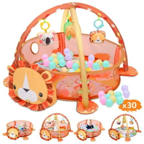 Vomeast Baby Play Gym, Baby Play Mat with 4 Hanging Toys 30 Balls, Activity Play Mat for Newborn Infant Toddlers (Cartoon Lion)
