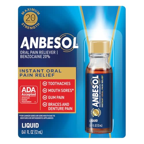 Anbesol Maximum Strength Liquid, Instant Oral Pain Relief for Toothaches, Mouth Sores*, Gum, Braces & Denture Pain, ADA Accepted, 0.41 oz