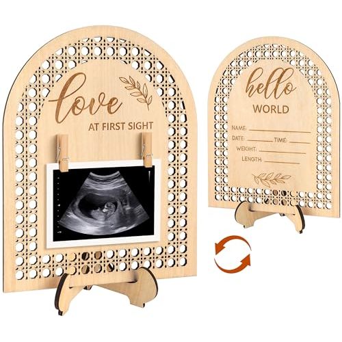 Blinking Stars Ultrasound Picture Frame, Double-Sided Rattan Arch Wooden Sign For Pregnancy Or Birth Announcement Baby Reveal- Nursery Decor Sonogram Photo Frame, New Mom Expecting Parents Gifts