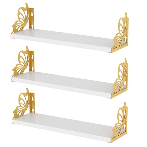 Hoikwo 3 Pack Butterfly Wall Shelves, White Gold Floating Book Shelves, for Mother, Mom, Women, Girls, for Preppy Room Decor, Living Room, Bedroom Decor Aesthetic