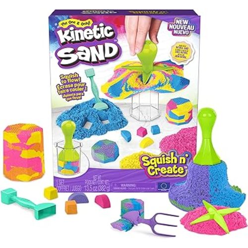 Kinetic Sand, Squish N’ Create Playset with 13.5oz Blue, Yellow & Pink Play Sand, 5 Tools, Sensory Toys for Kids Ages 3 and up