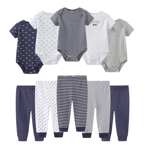 Ruliby Baby Bodysuit and Pant Set 10-pcs Cotton Soft Newborn Boy Girl Clothes Outfits