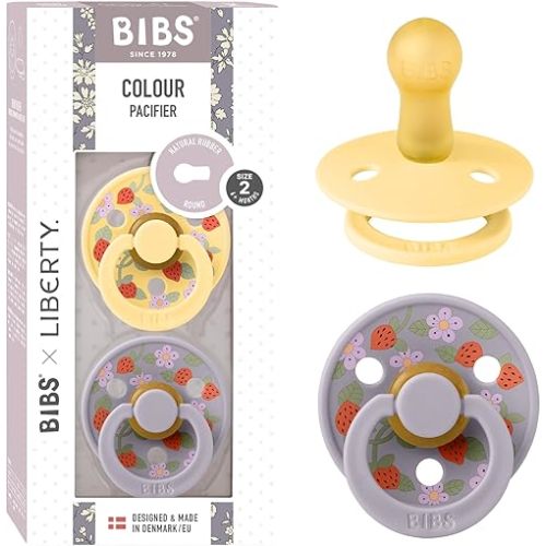 BIBS Colour Liberty Soother 2-Pack, BPA Free Dummy Pacifier, Round Nipple. Natural Rubber Latex, Made in Denmark, Size 2 (6-18 Months), Strawberries and Cream Pale Butter Mix
