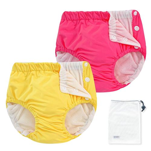 EZ Moms 2 Packs Reusable Swim Diapers Infant Baby Swim Diapers 6-9 Months Washable Snap Pool Swimming Diaper 6-12 Months Newborn Water Diaper for Swimming Lessons Boys and Girls with a Laundry Bag