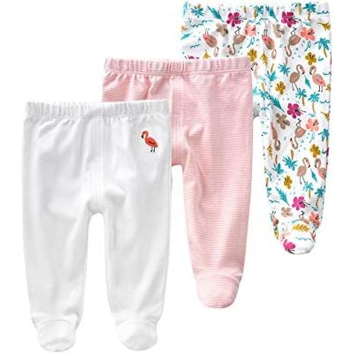Teach Leanbh Newborn Baby 3 Pack Footed Pants Cotton Embroidery Pringting Casual Leggings 0-12 Months
