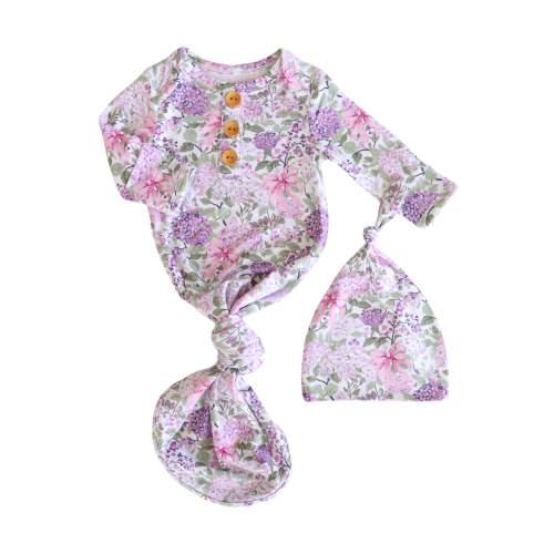 Newborn Baby Knot Gown & Hat Set in Lavender Lullaby | Caden Lane