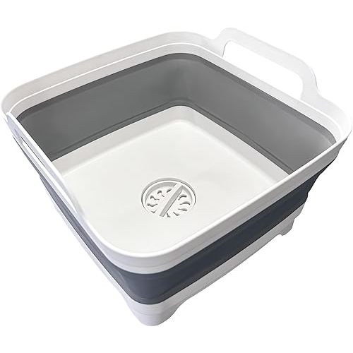 9L (2.4Gal) Dish Basin Collapsible with Drain Plug Carry Handles,Kitchen Storage Tray Dish Wash Basin, Portable Dish Tub, Foldable Dishpan for Camping,RV,Gray