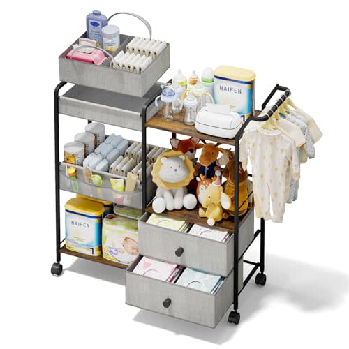 BBLIKE Diaper Caddy Organizer with Hanging Rack - 3 Tier Rolling Baby Storage Cart with Drawers and Side Pockets for Newborn Diaper Organization for Nursery, Crib, Bedroom, Changing Table, Gray